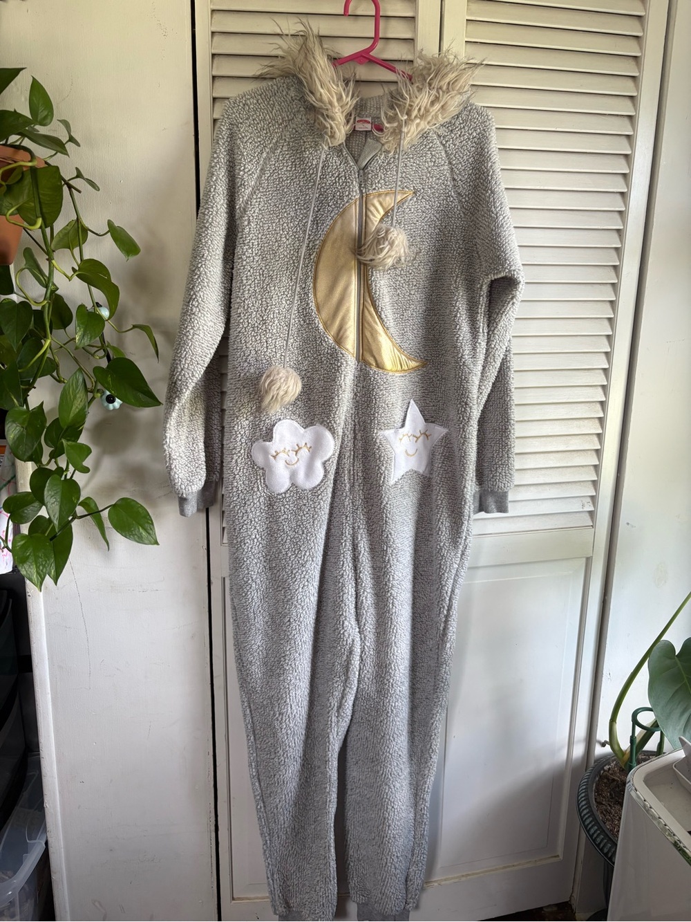 Holiday Time Gray Hooded Kids One-Piece with Gold Moon & Cloud Appliqués